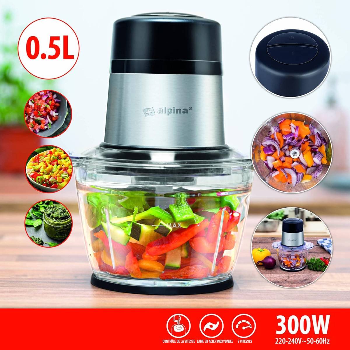 Alpina - Hachoir électrique 300W Mini mixeur 2 vitesses Bol 500 ml ALPINA - Imagen 2
