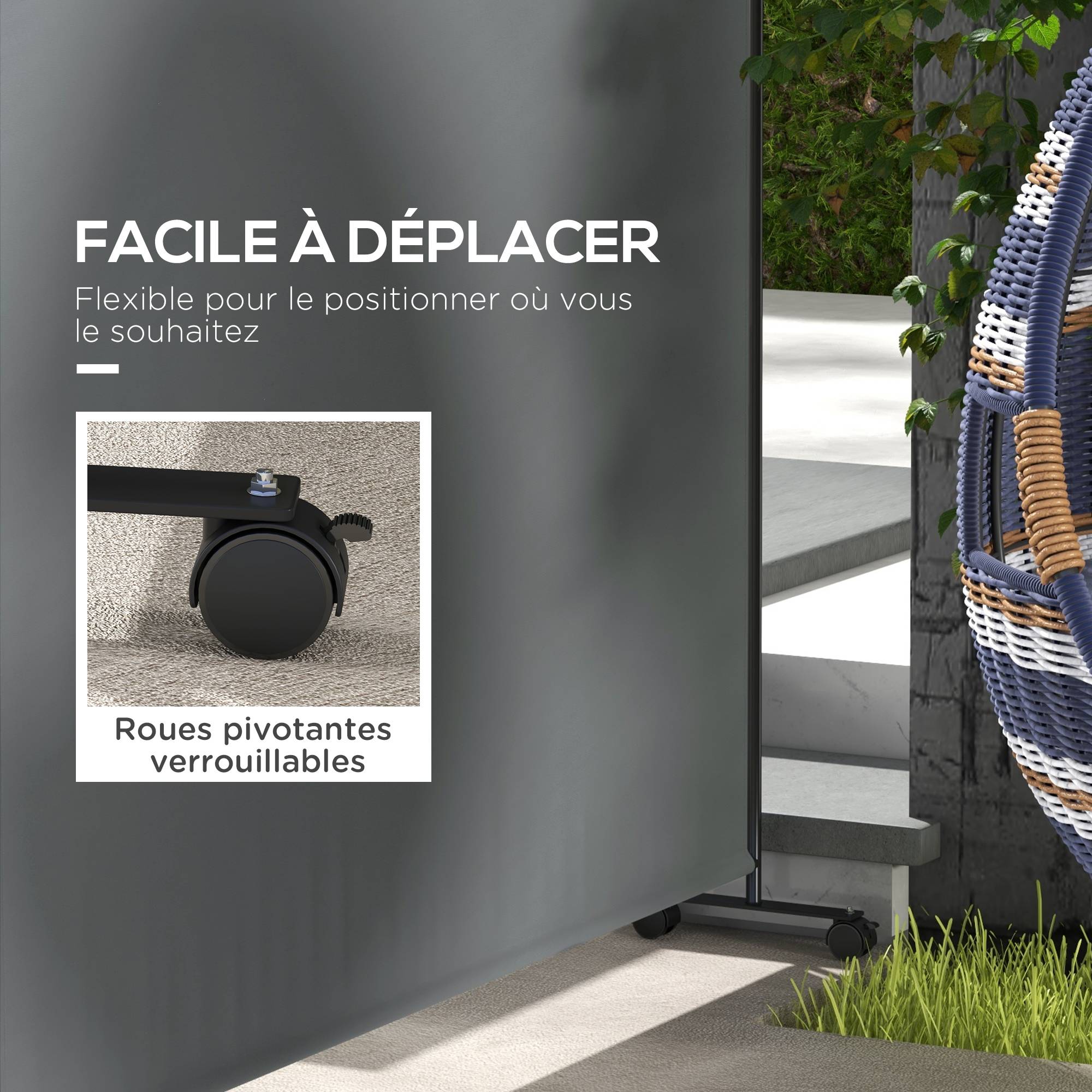 Panneau brise-vue paravent extérieur sur roulettes pour le jardin, terrasse, balcon - dim. 183L x 30l x 181H cm - gris - Image 7