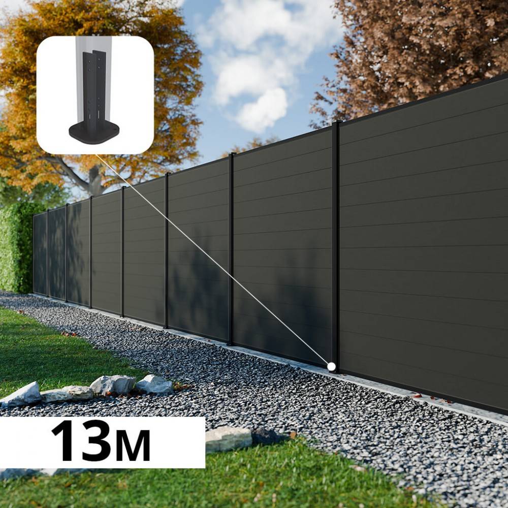 Decklinea - Kit Clôture Composite RIO Anthracite 13x1,8m - Bois composite & Aluminium - Poteaux sur Platines Noir - Brise vue - Palissade - Image 1