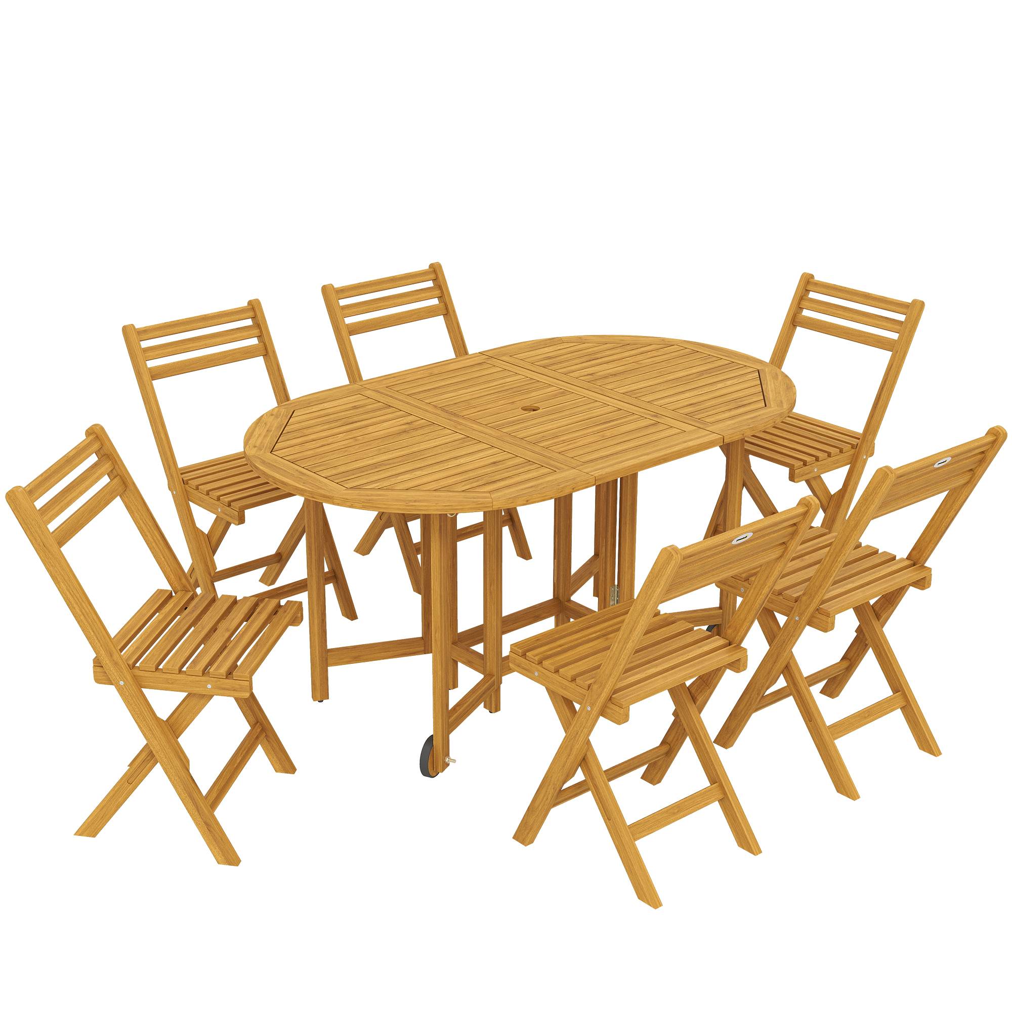 ComfortXL - Salon de jardin 7 pièces acacia naturel table extensible 150 cm 6 chaises pliantes avec trou pour parasol - Image 10