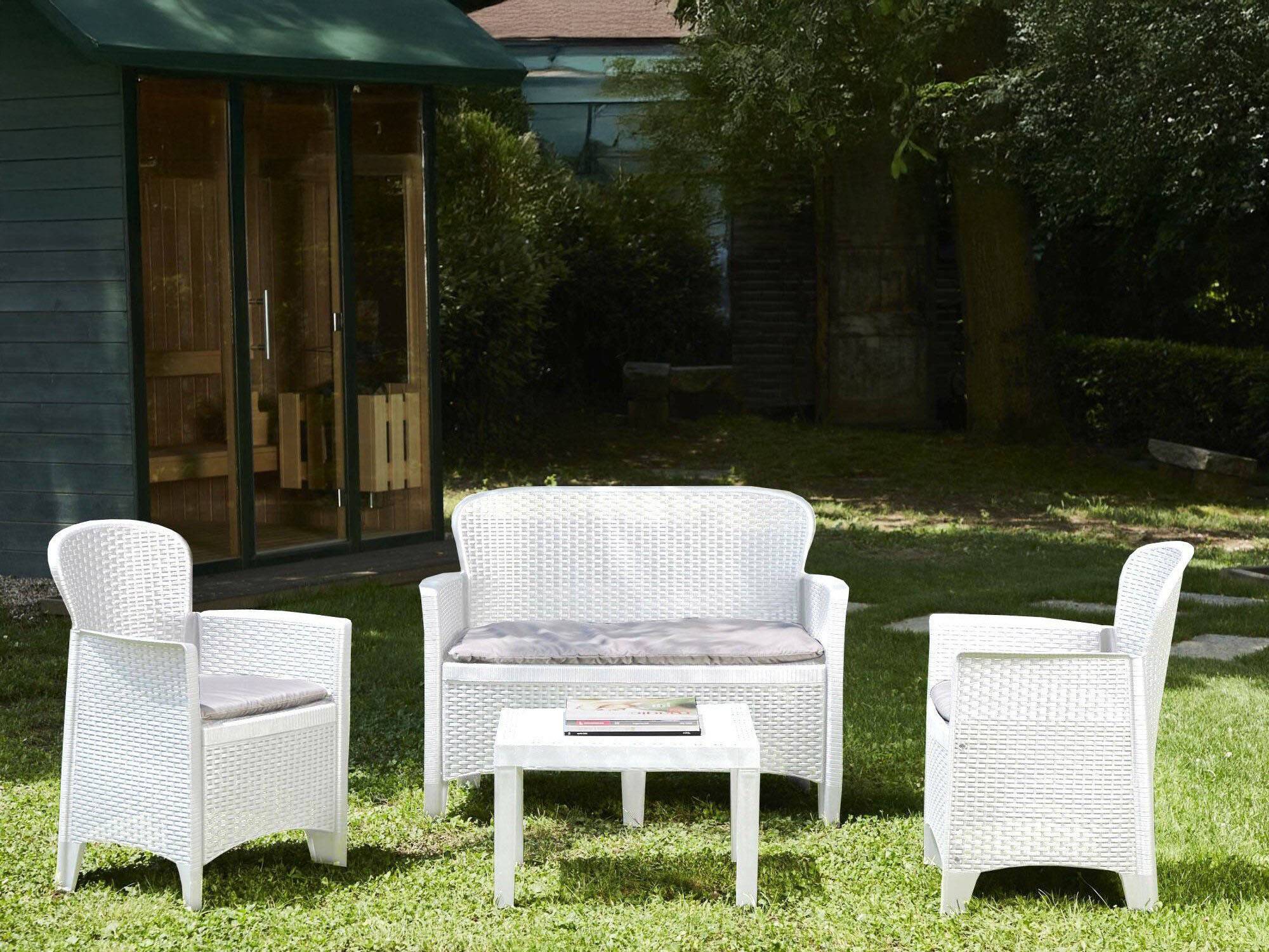 Dmora - Set salon d'extérieur Debois, Salon de jardin composé de 2 fauteuils, 1 canapé et 1 table basse, Coin salon effet rotin avec coussins, Blanc - Dmora - Imagen 6