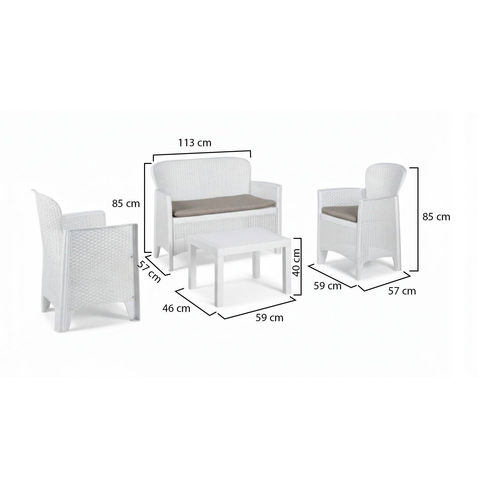 Dmora - Set salon d'extérieur Debois, Salon de jardin composé de 2 fauteuils, 1 canapé et 1 table basse, Coin salon effet rotin avec coussins, Blanc - Dmora - Imagen 8