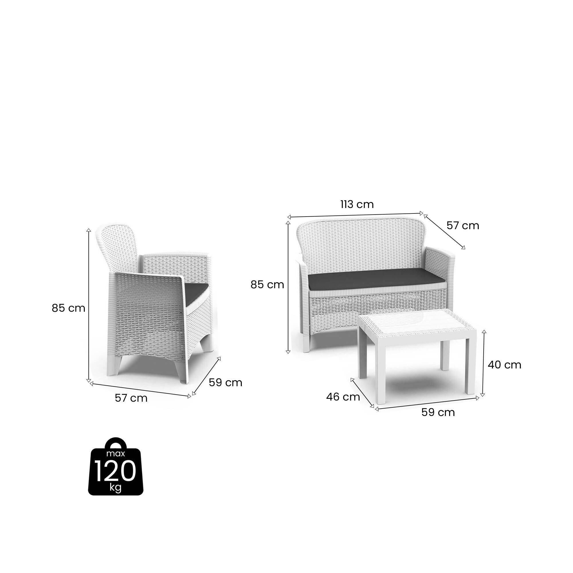 Dmora - Set salon d'extérieur Debois, Salon de jardin composé de 2 fauteuils, 1 canapé et 1 table basse, Coin salon effet rotin avec coussins, Blanc - Dmora - Imagen 3