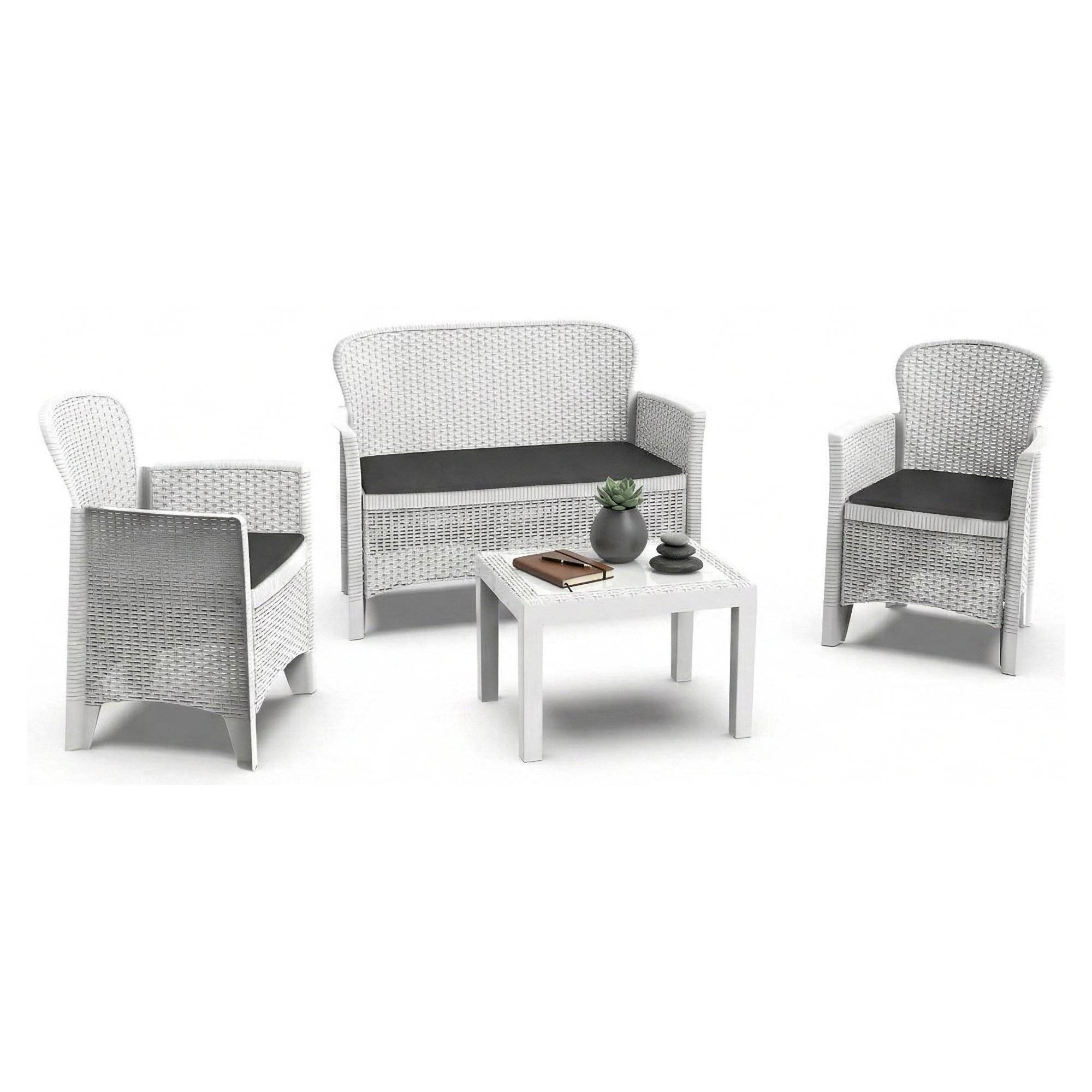 Dmora - Set salon d'extérieur Debois, Salon de jardin composé de 2 fauteuils, 1 canapé et 1 table basse, Coin salon effet rotin avec coussins, Blanc - Dmora - Imagen 1