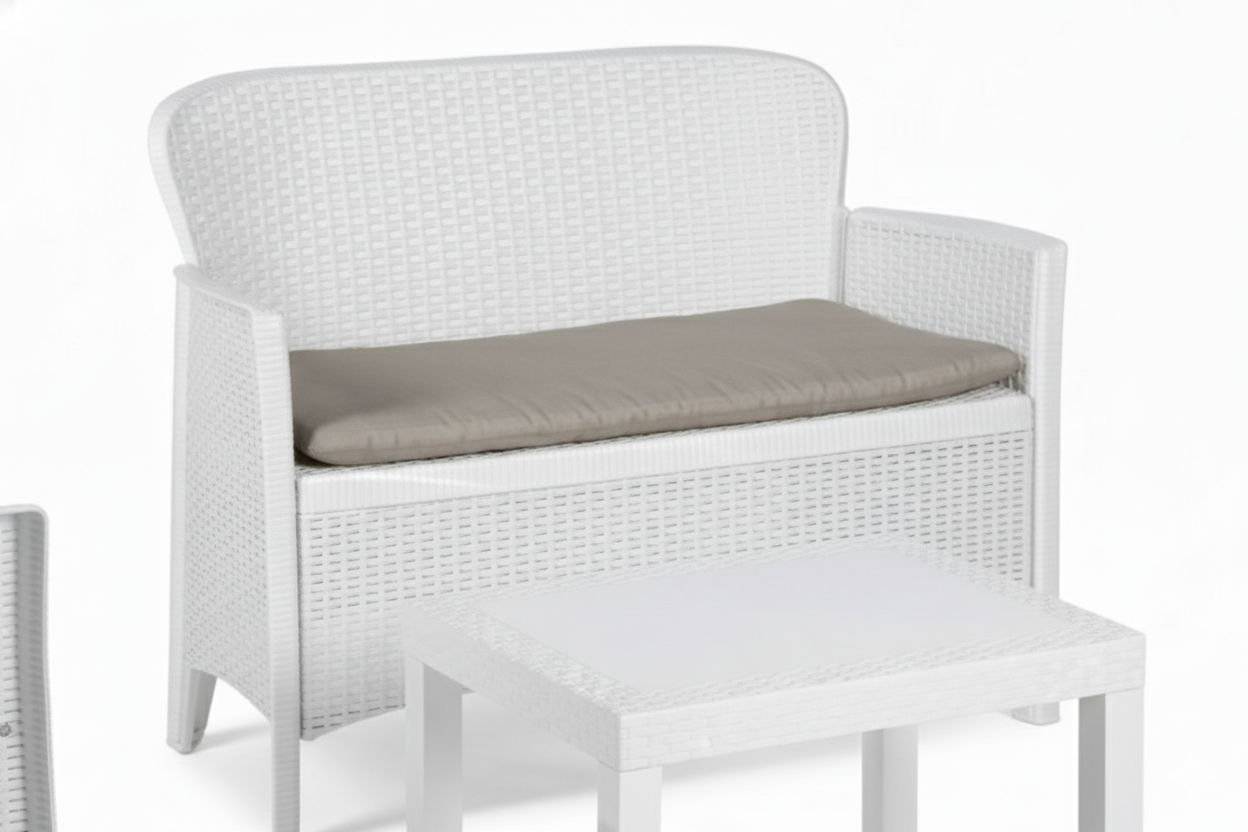 Dmora - Set salon d'extérieur Debois, Salon de jardin composé de 2 fauteuils, 1 canapé et 1 table basse, Coin salon effet rotin avec coussins, Blanc - Dmora - Imagen 9
