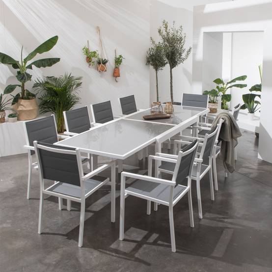 Happy Garden - Salon de jardin LAMPEDUSA extensible en textilène gris 10 places - aluminium blanc - HAPPY GARDEN - Imagen 6
