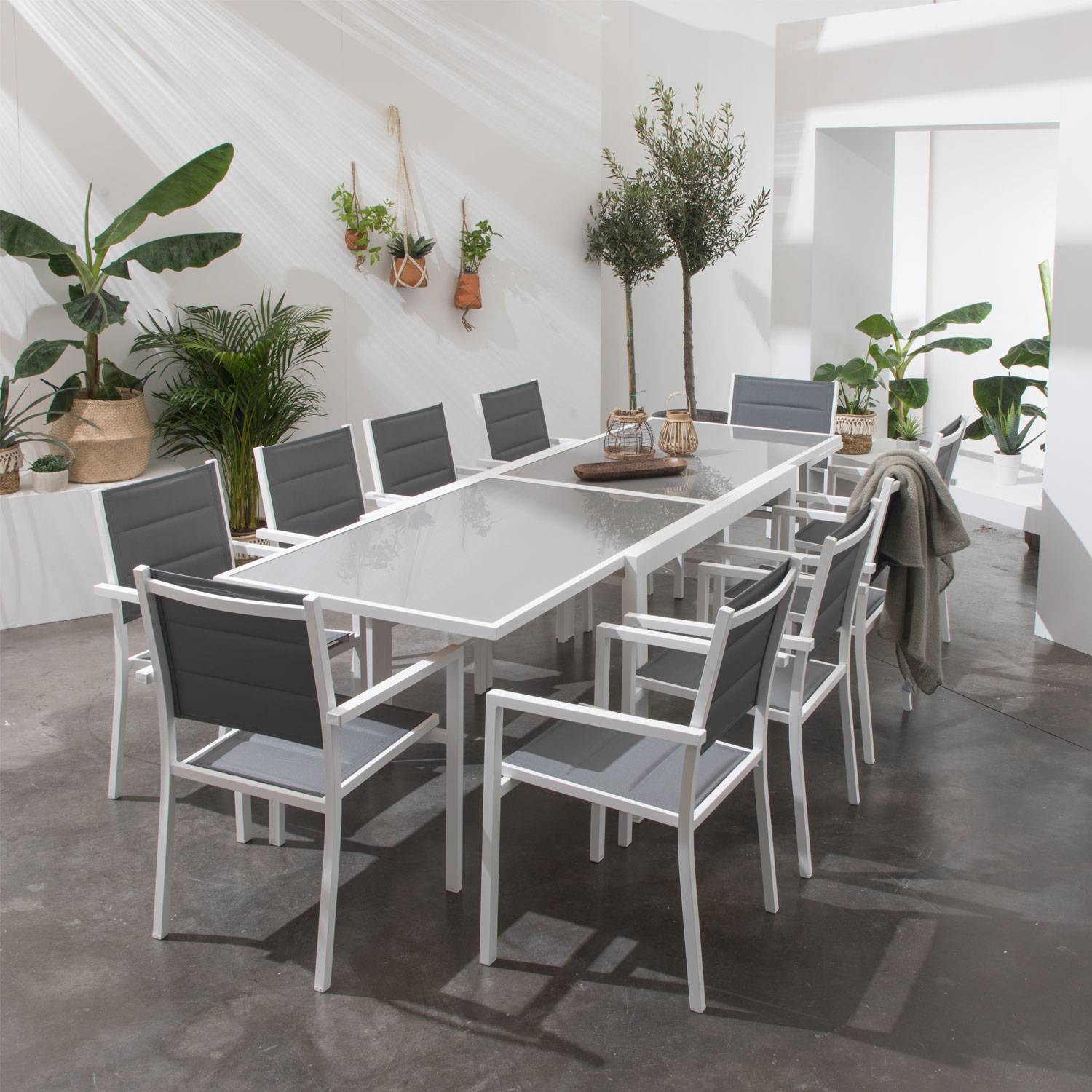 Happy Garden - Salon de jardin LAMPEDUSA extensible en textilène gris 10 places - aluminium blanc - HAPPY GARDEN - Imagen 6