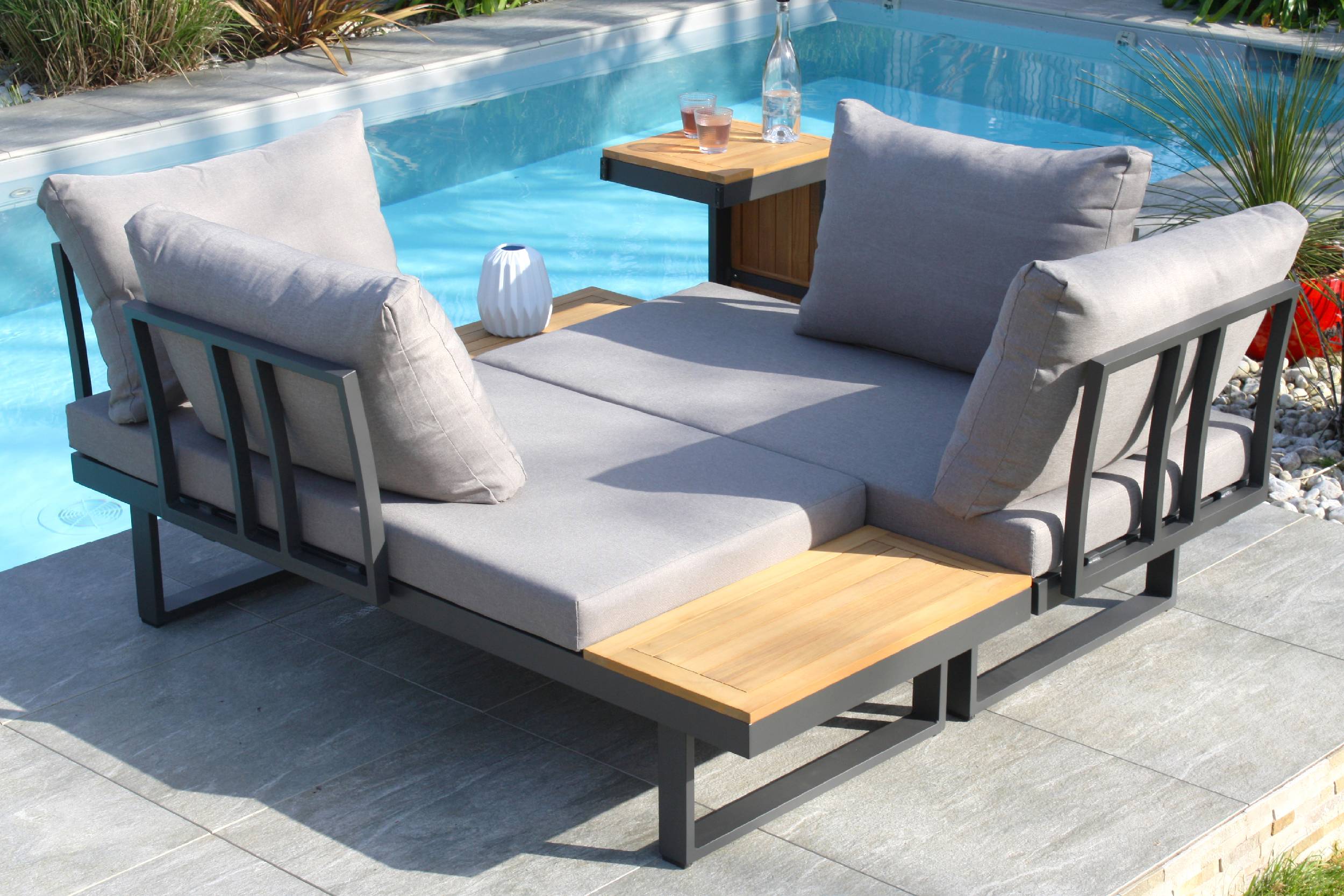 Dcb Garden - Salon de jardin 4 places en bois d' et aluminium - Gris anthracite - TOKYO - Image 3