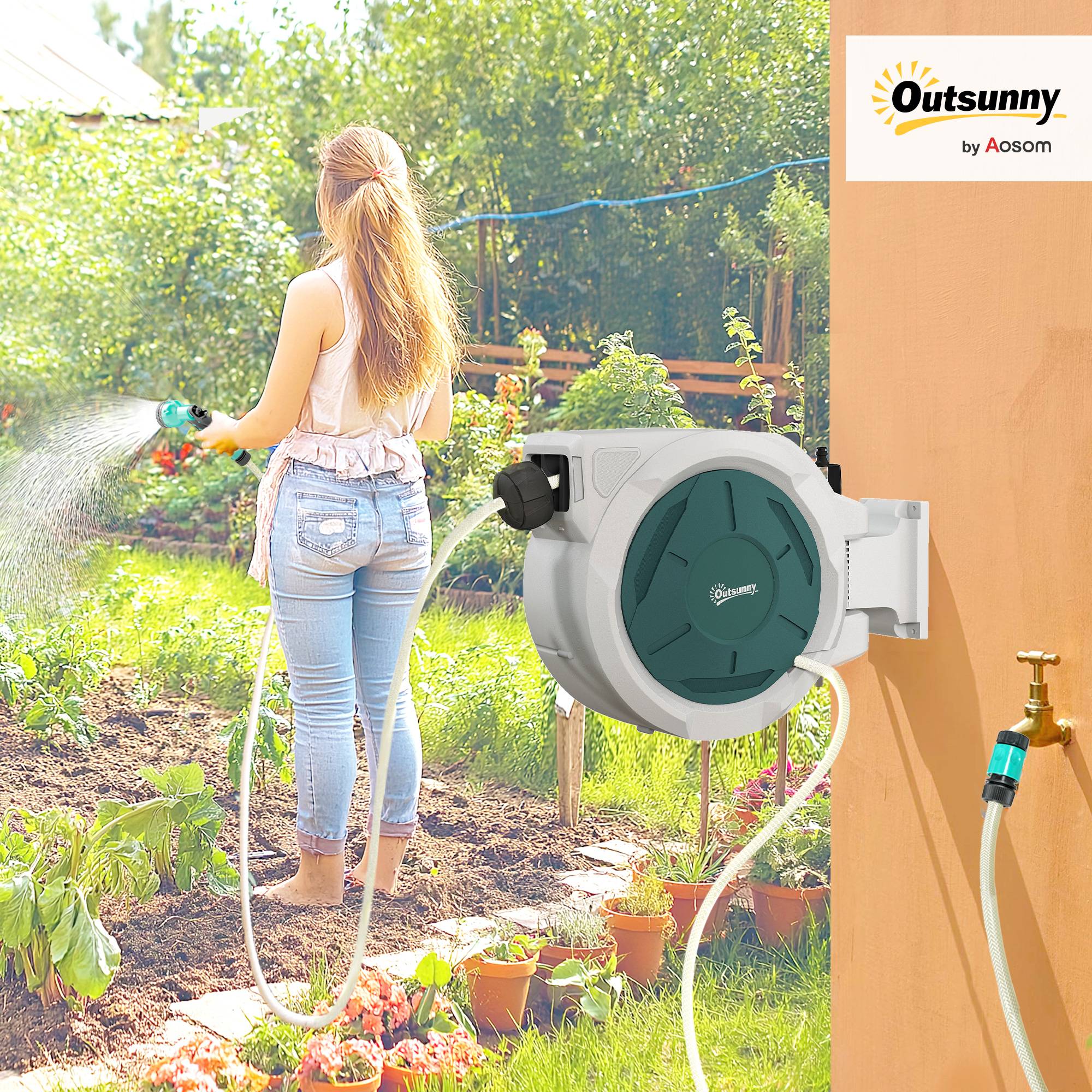 Outsunny Enrouleur Tuyau Arrosage Automatique Pivotant 180° - Tuyau 15m + Pistolet
