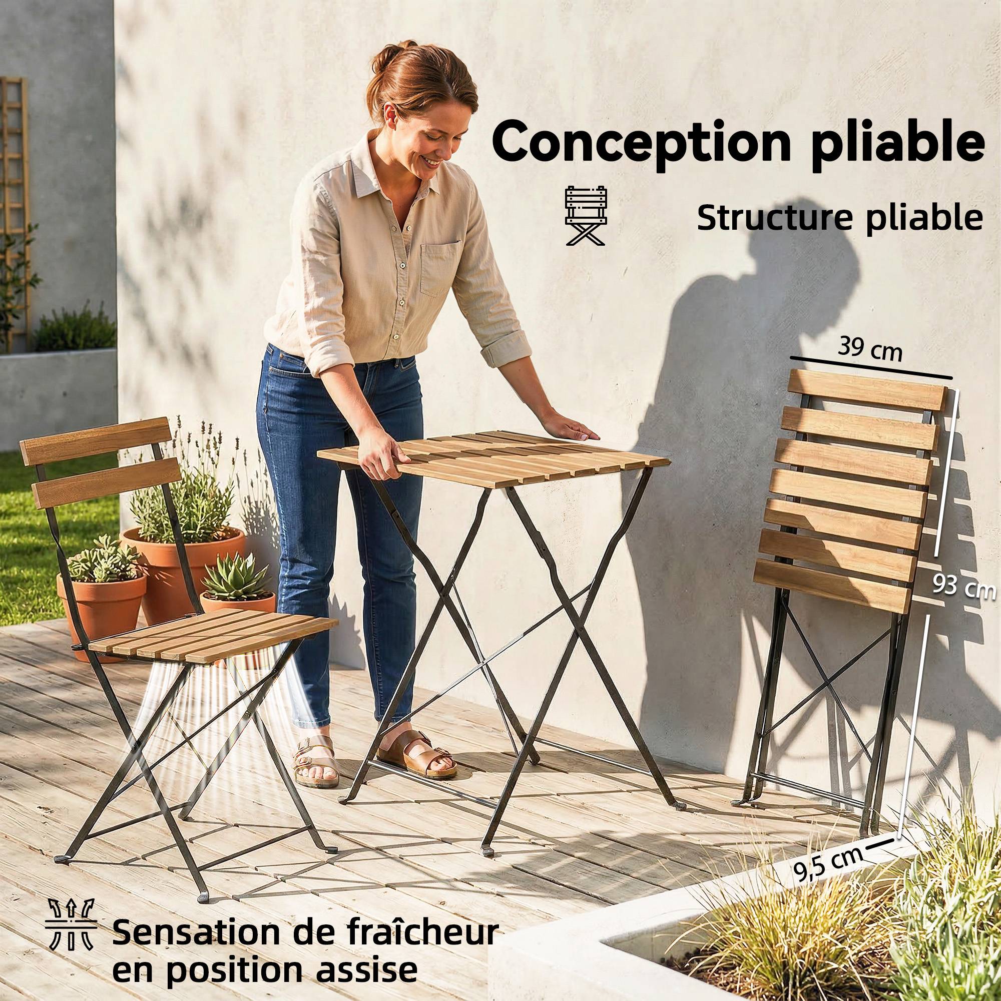 Salon de jardin bistrot Bois acacia et métal Balcon et terrasse Ensemble pliable 55x55cm - ComfortXL Outdoor Living - Image 6