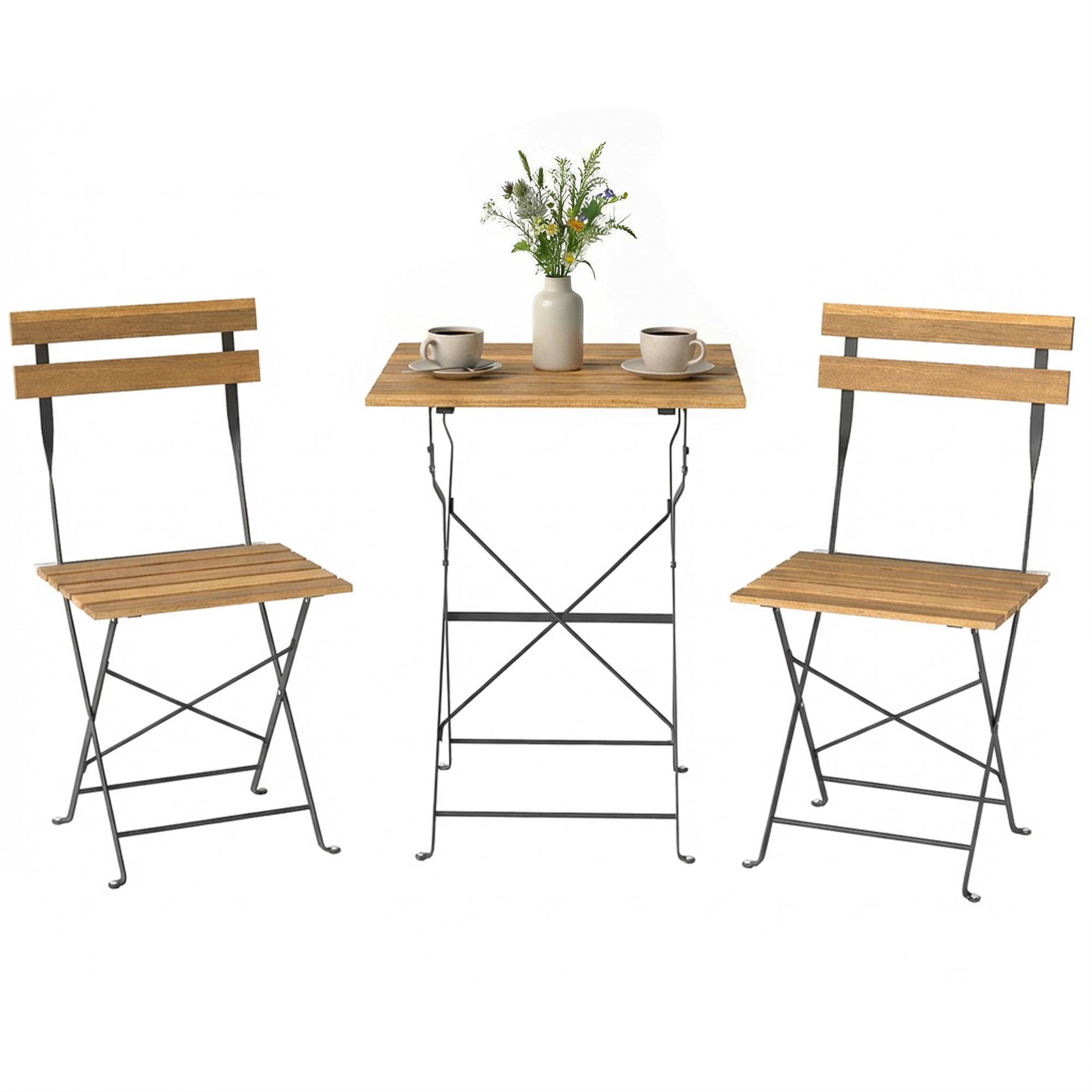 Salon de jardin bistrot Bois acacia et métal Balcon et terrasse Ensemble pliable 55x55cm - ComfortXL Outdoor Living - Image 1