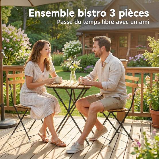 Salon de jardin bistrot Bois acacia et métal Balcon et terrasse Ensemble pliable 55x55cm - ComfortXL Outdoor Living - Image 7