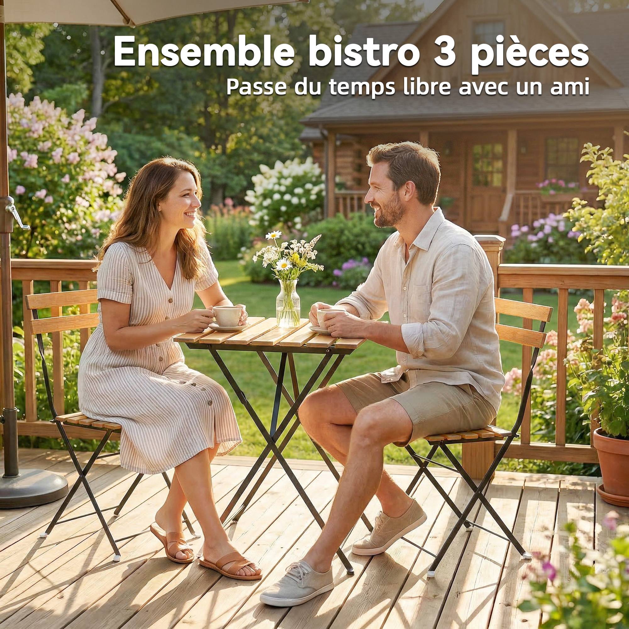 Salon de jardin bistrot Bois acacia et métal Balcon et terrasse Ensemble pliable 55x55cm - ComfortXL Outdoor Living - Image 7