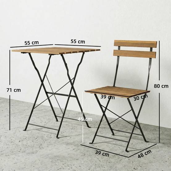 Salon de jardin bistrot Bois acacia et métal Balcon et terrasse Ensemble pliable 55x55cm - ComfortXL Outdoor Living - Image 5