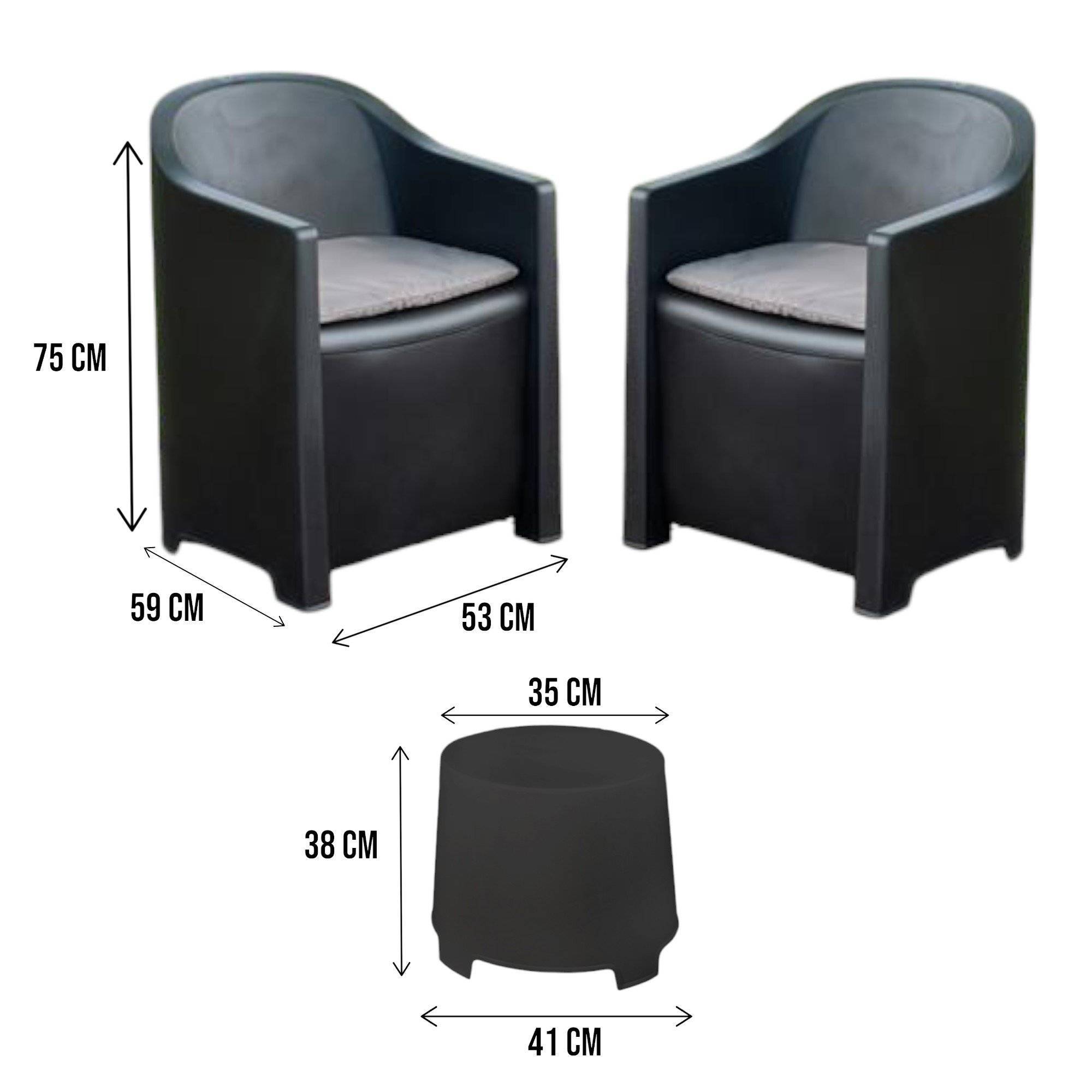 Dmora - Salon d'extérieur Dandrean, Composition de jardin avec 2 fauteuils et 1 table basse, Salon intérieur et extérieur avec coussins, Anthracite - Dmora - Imagen 3