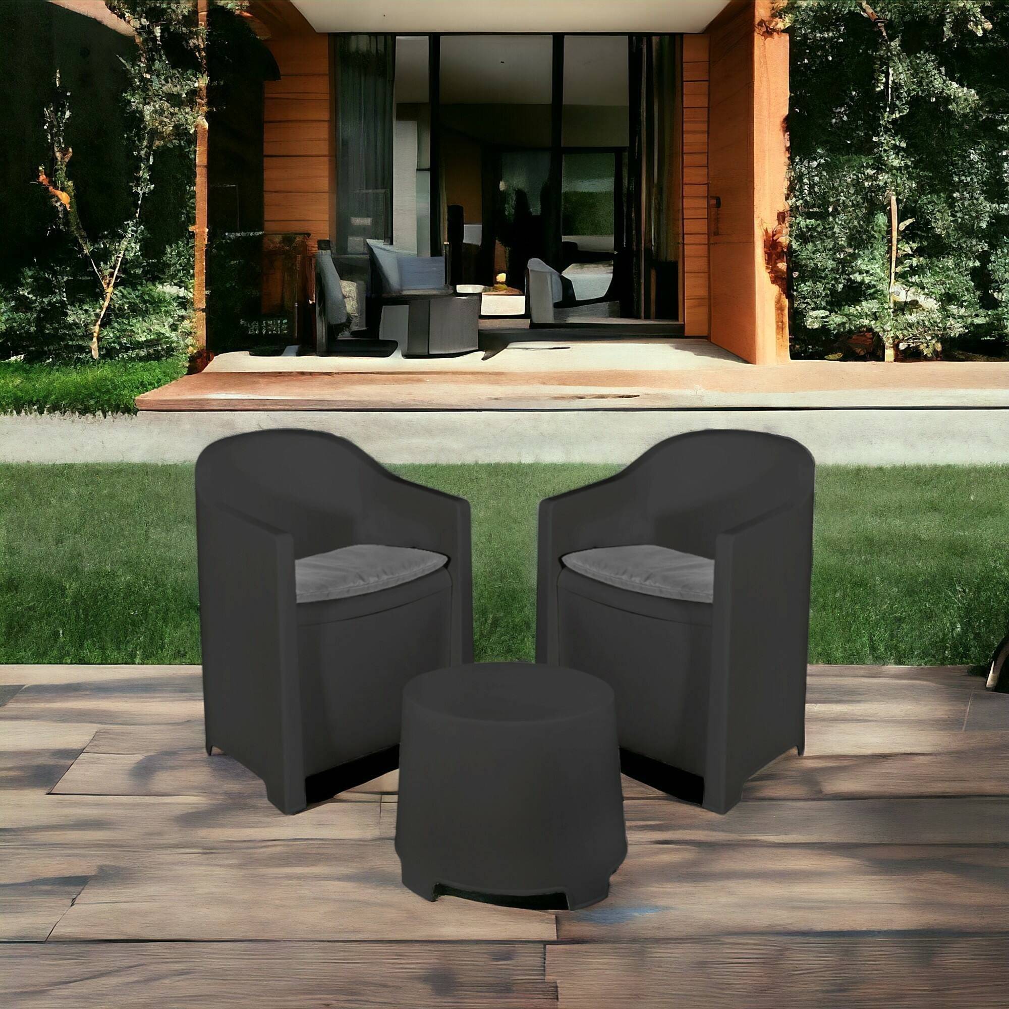 Dmora - Salon d'extérieur Dandrean, Composition de jardin avec 2 fauteuils et 1 table basse, Salon intérieur et extérieur avec coussins, Anthracite - Dmora - Imagen 4