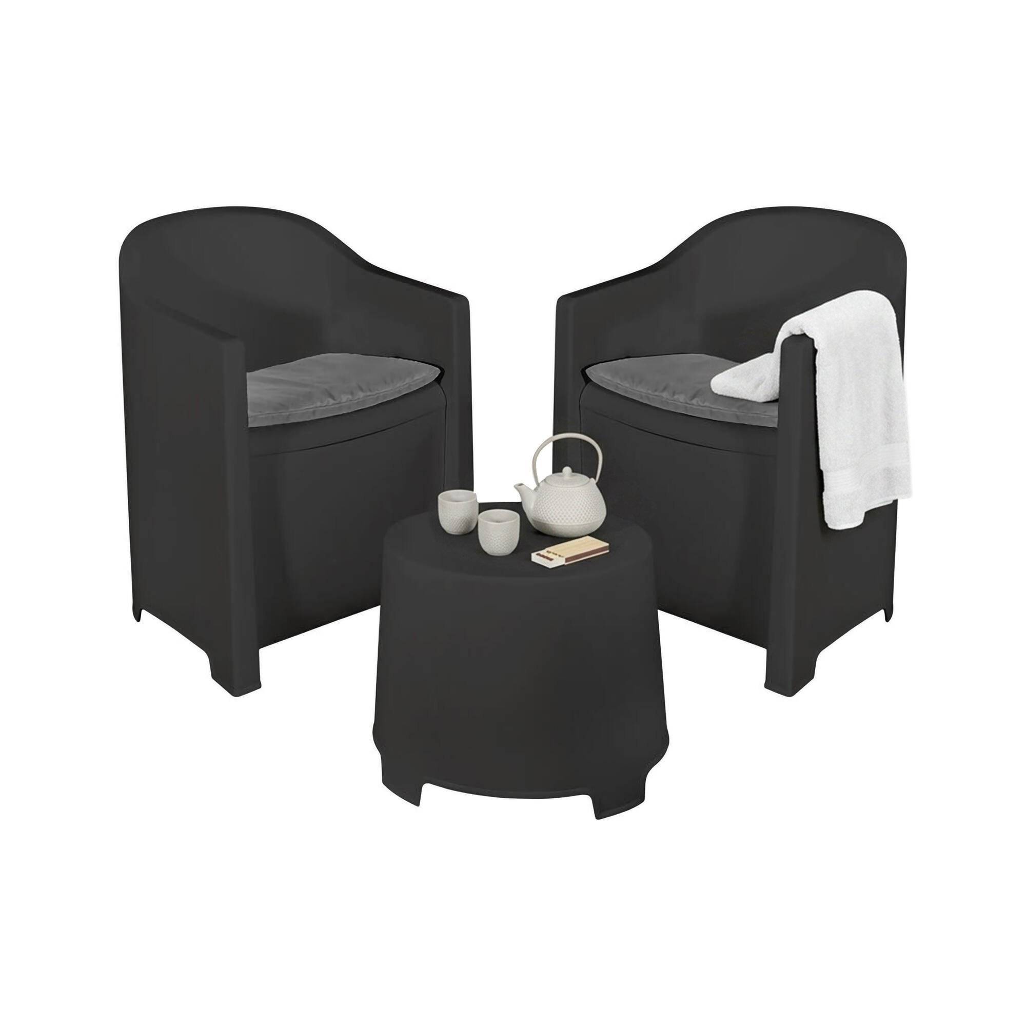 Dmora - Salon d'extérieur Dandrean, Composition de jardin avec 2 fauteuils et 1 table basse, Salon intérieur et extérieur avec coussins, Anthracite - Dmora - Imagen 1