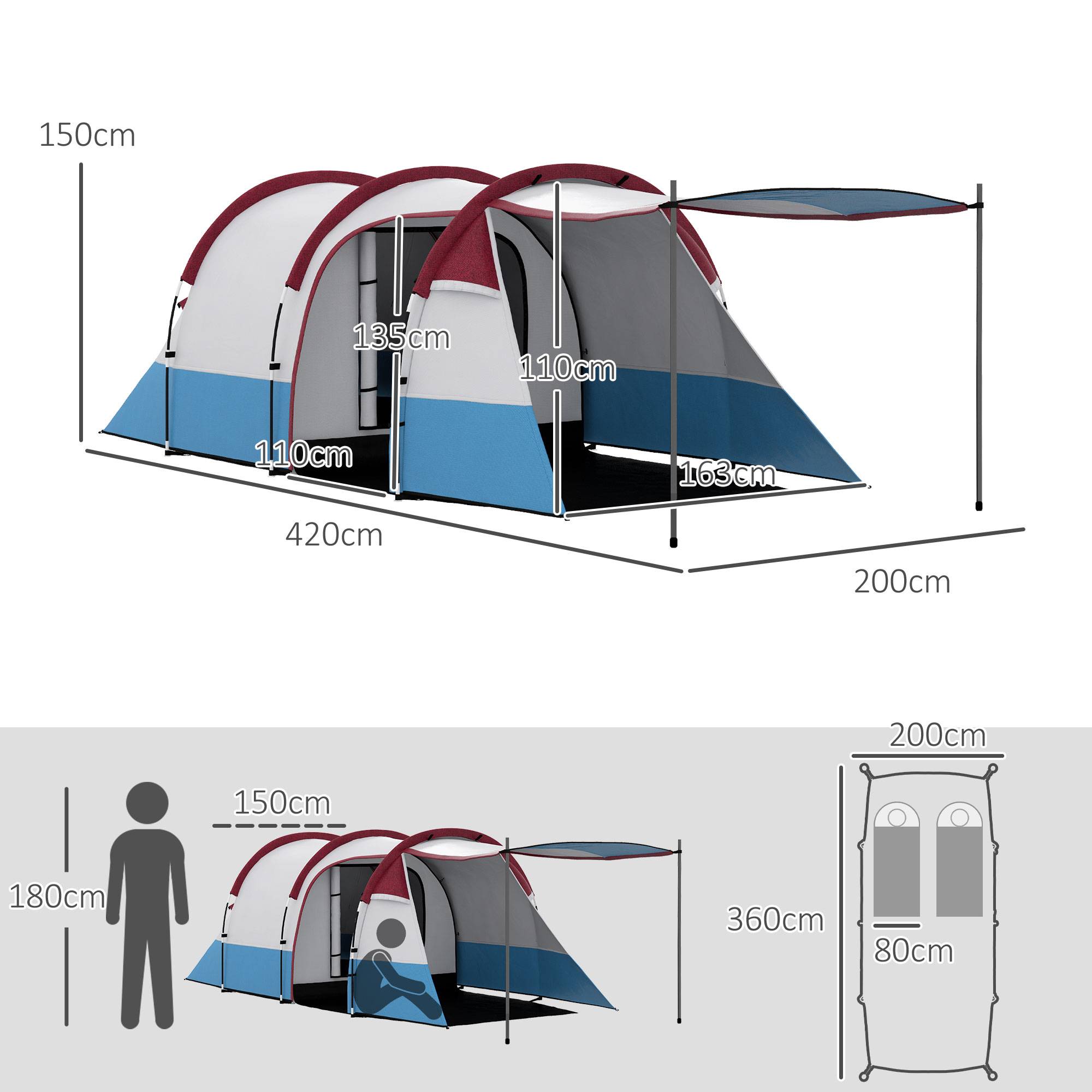 Tente de camping polyester rouge 420 x 200 x 150 cm - PANGIVO - Image 5