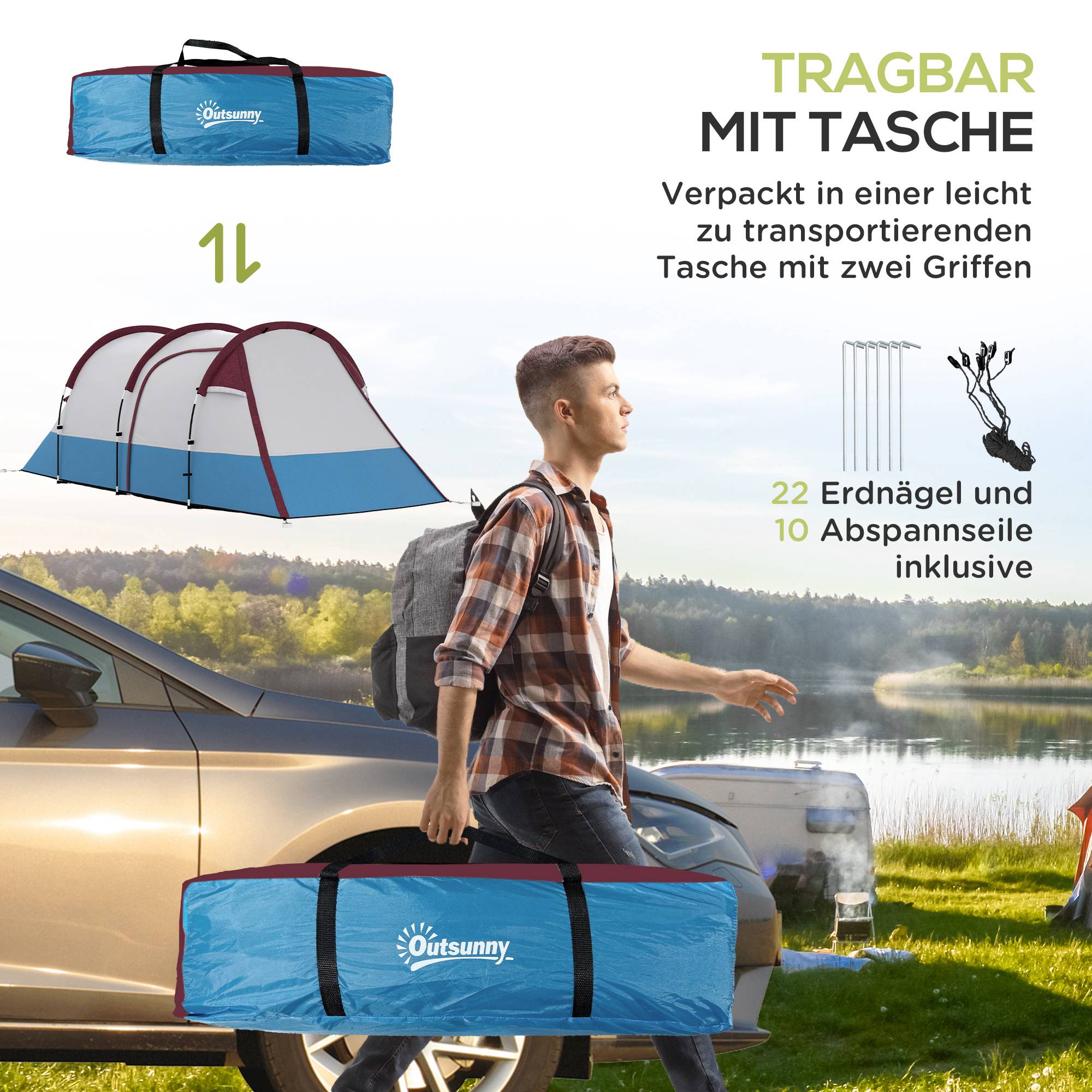 Tente de camping polyester rouge 420 x 200 x 150 cm - PANGIVO - Image 9