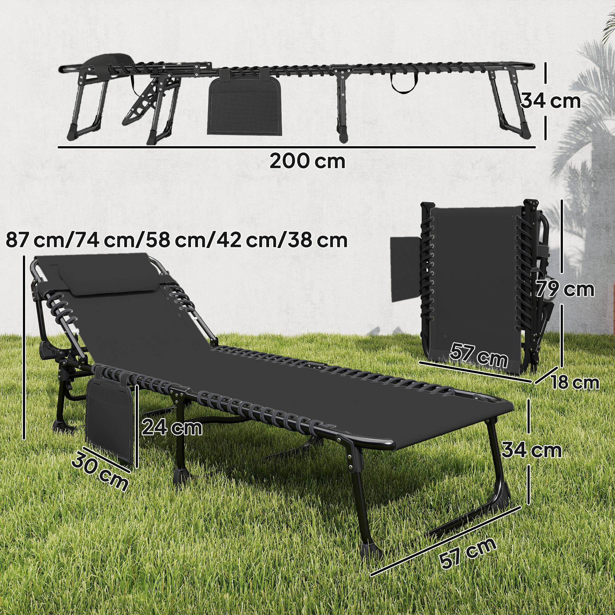 Ensemble de 2 chaises longues de jardin pliantes et inclinables à 5 positions avec coussins, 57 x 200 x 38 cm, noires - Image 5
