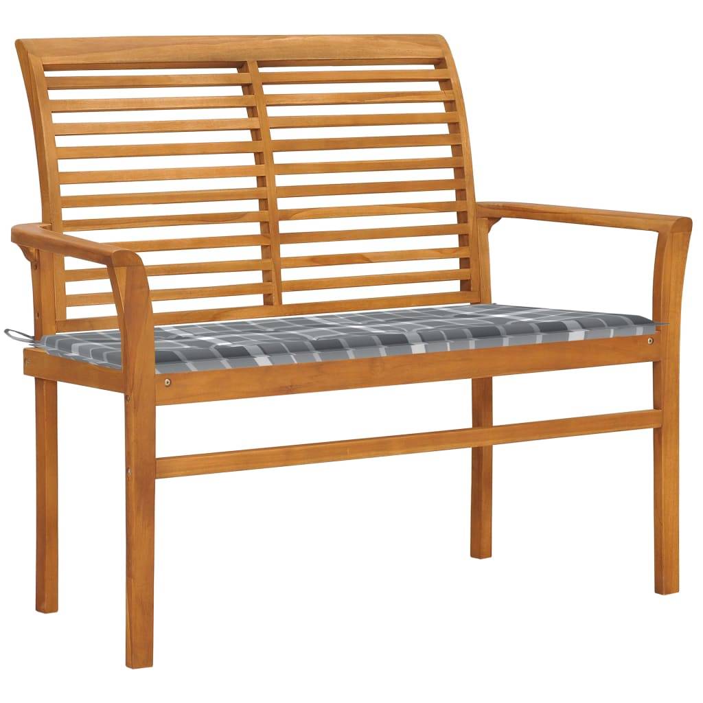 Helloshop26 - Banc de jardin meuble de patio d'extérieur terrasse avec coussin à carreaux gris 112 x 55 x 94 cm teck massif - Imagen 1