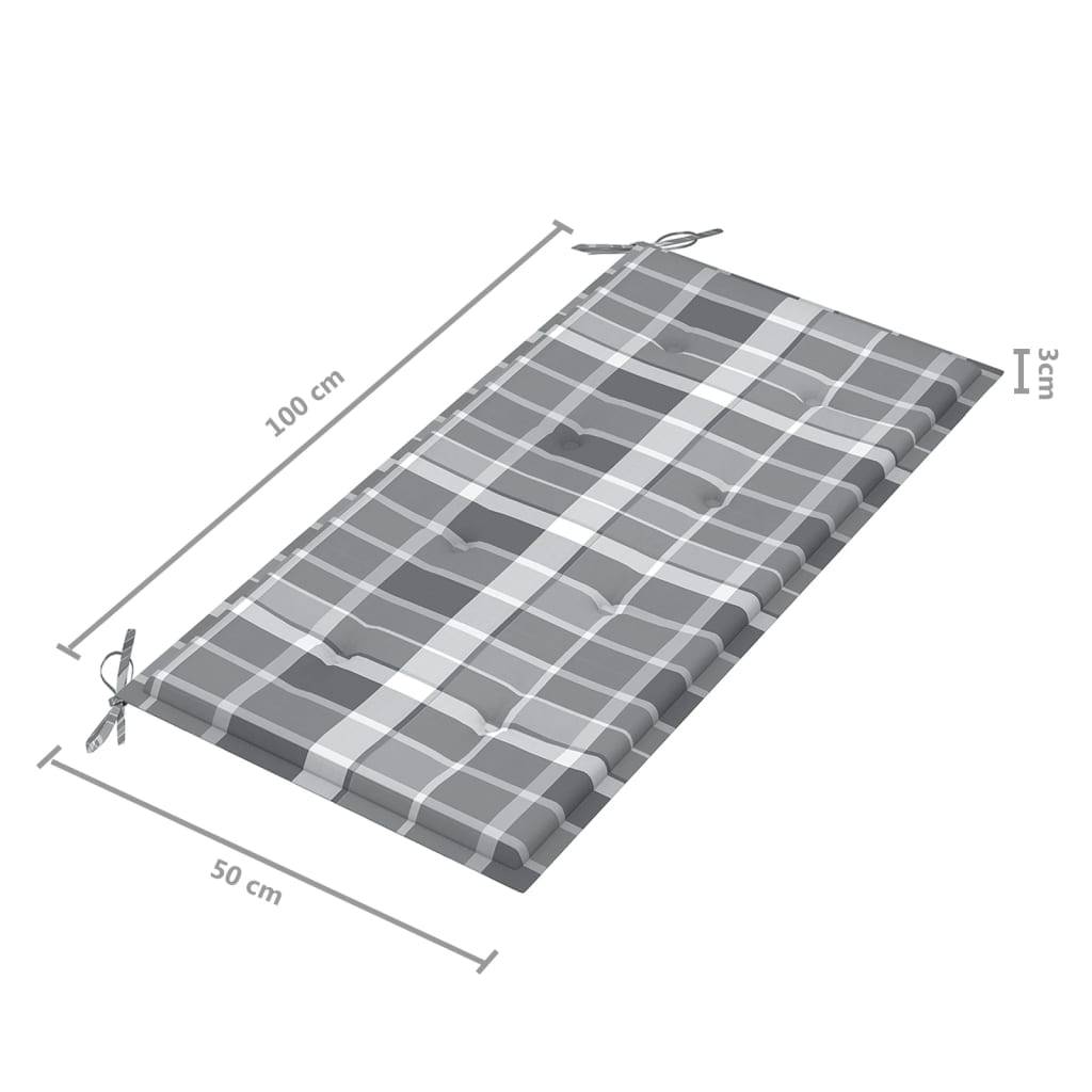 Helloshop26 - Banc de jardin meuble de patio d'extérieur terrasse avec coussin à carreaux gris 112 x 55 x 94 cm teck massif - Imagen 8