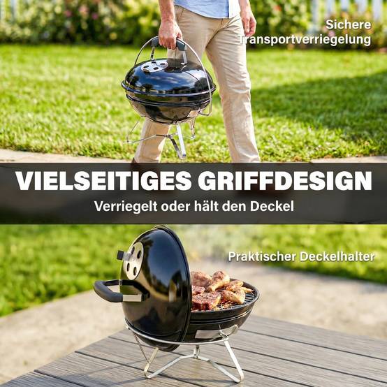 Sans Marque - Barbecue boule portable couvercle poignée fentes ventilation 41x41x44 cm noir - Image 7