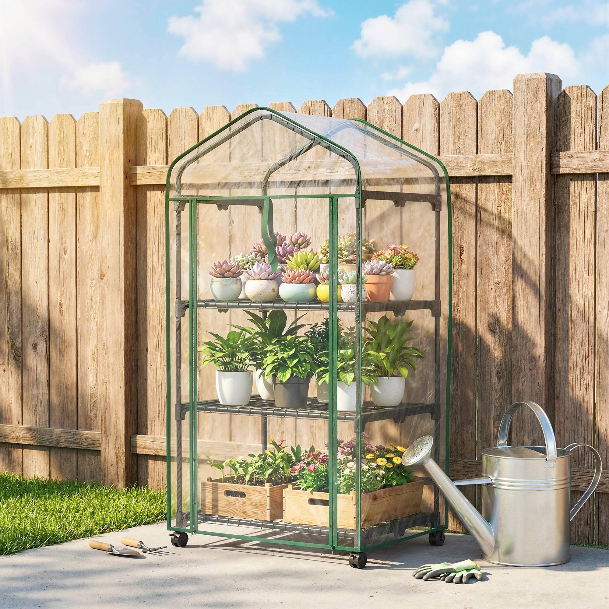 Mini serre de jardin avec 3 étagères, bâche PVC haute densité, porte enroulable 4 roulettes 69 x 49 x 130 cm transparent - Image 10