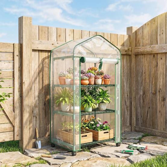 Mini serre de jardin avec 3 étagères, bâche PVC haute densité, porte enroulable 4 roulettes 69 x 49 x 130 cm transparent - Image 4