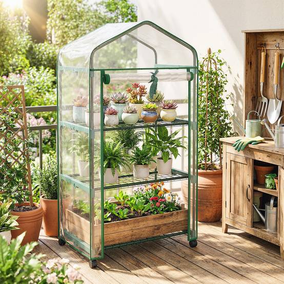 Mini serre de jardin avec 3 étagères, bâche PVC haute densité, porte enroulable 4 roulettes 69 x 49 x 130 cm transparent - Image 9