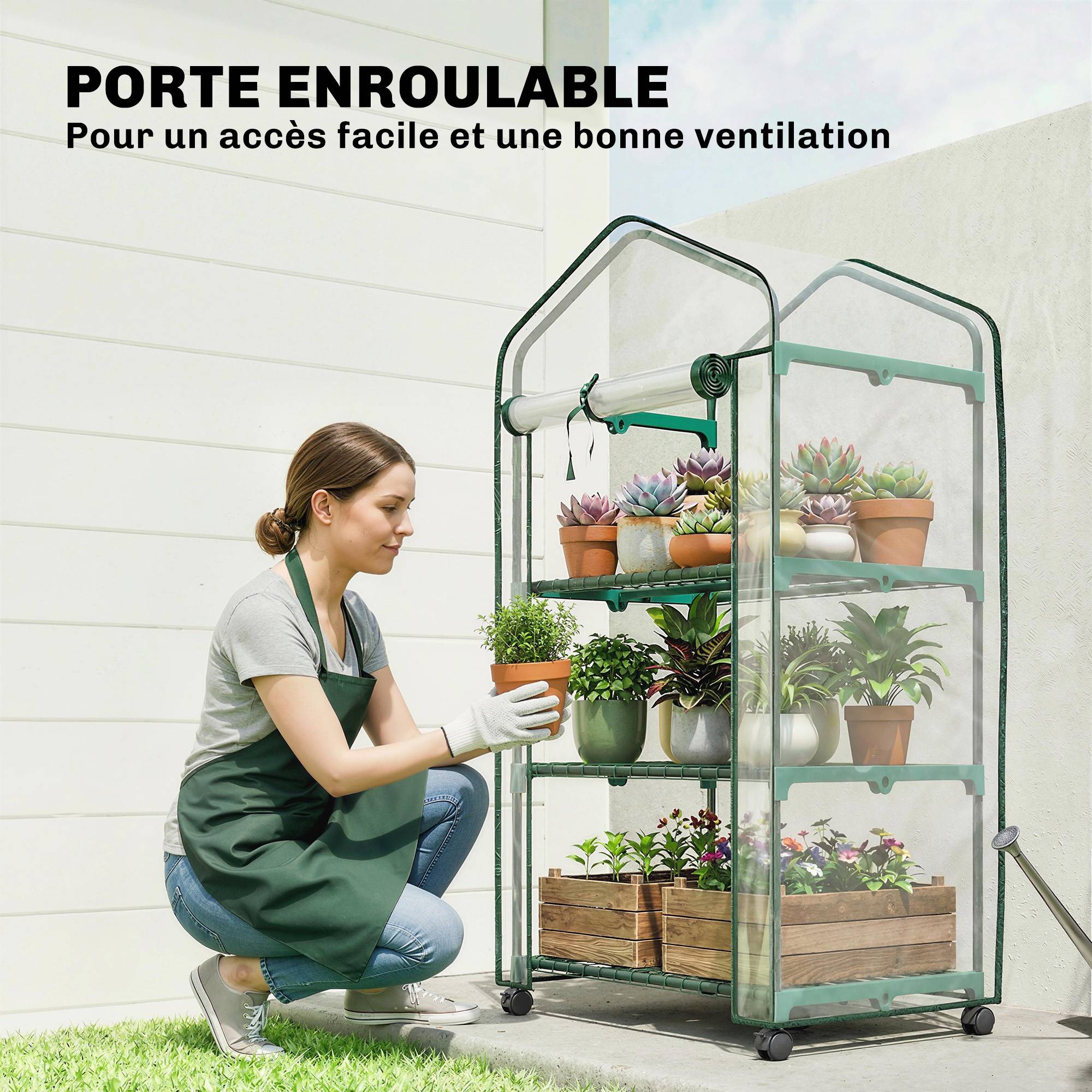 Mini serre de jardin avec 3 étagères, bâche PVC haute densité, porte enroulable 4 roulettes 69 x 49 x 130 cm transparent - Image 8
