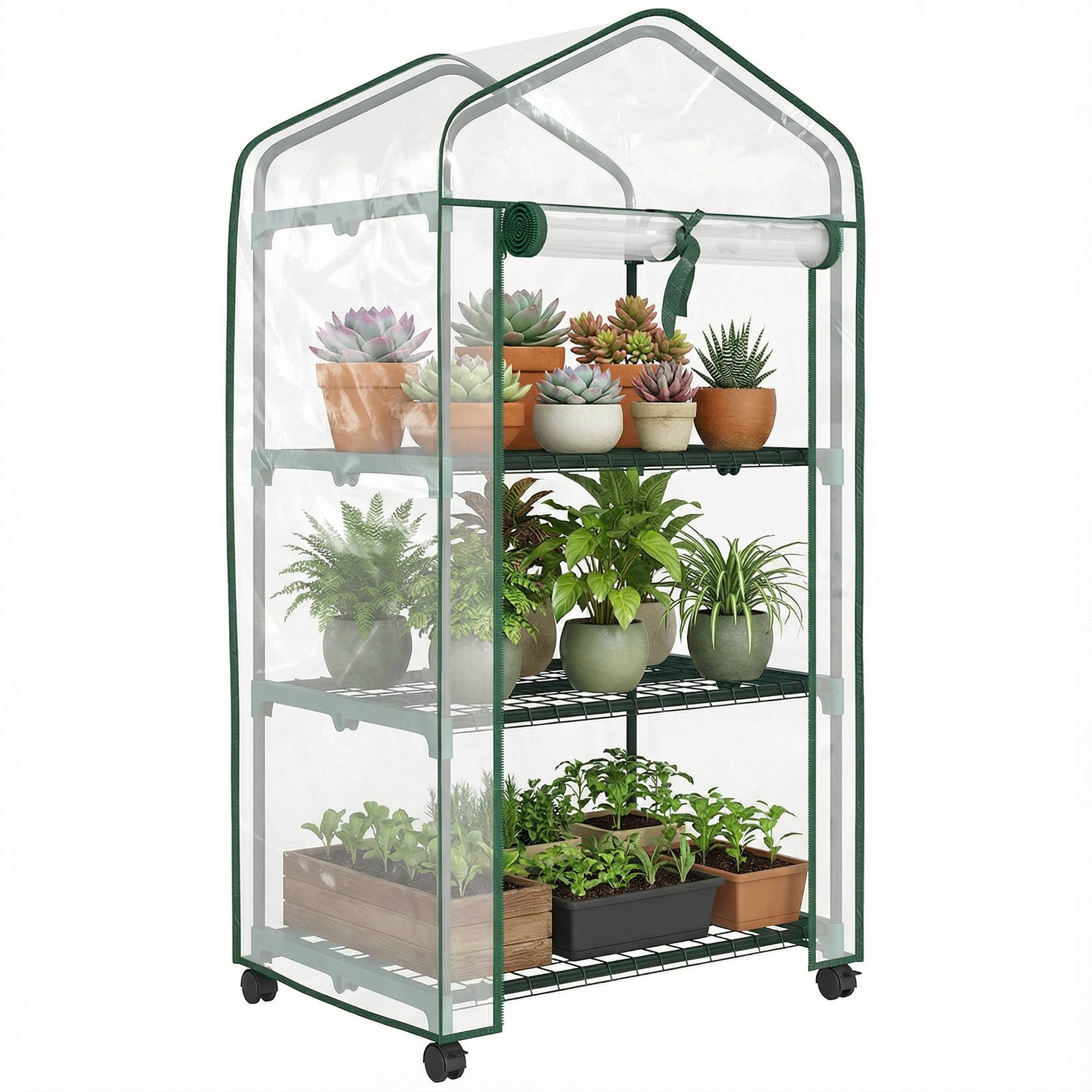 Mini serre de jardin avec 3 étagères, bâche PVC haute densité, porte enroulable 4 roulettes 69 x 49 x 130 cm transparent - Image 1