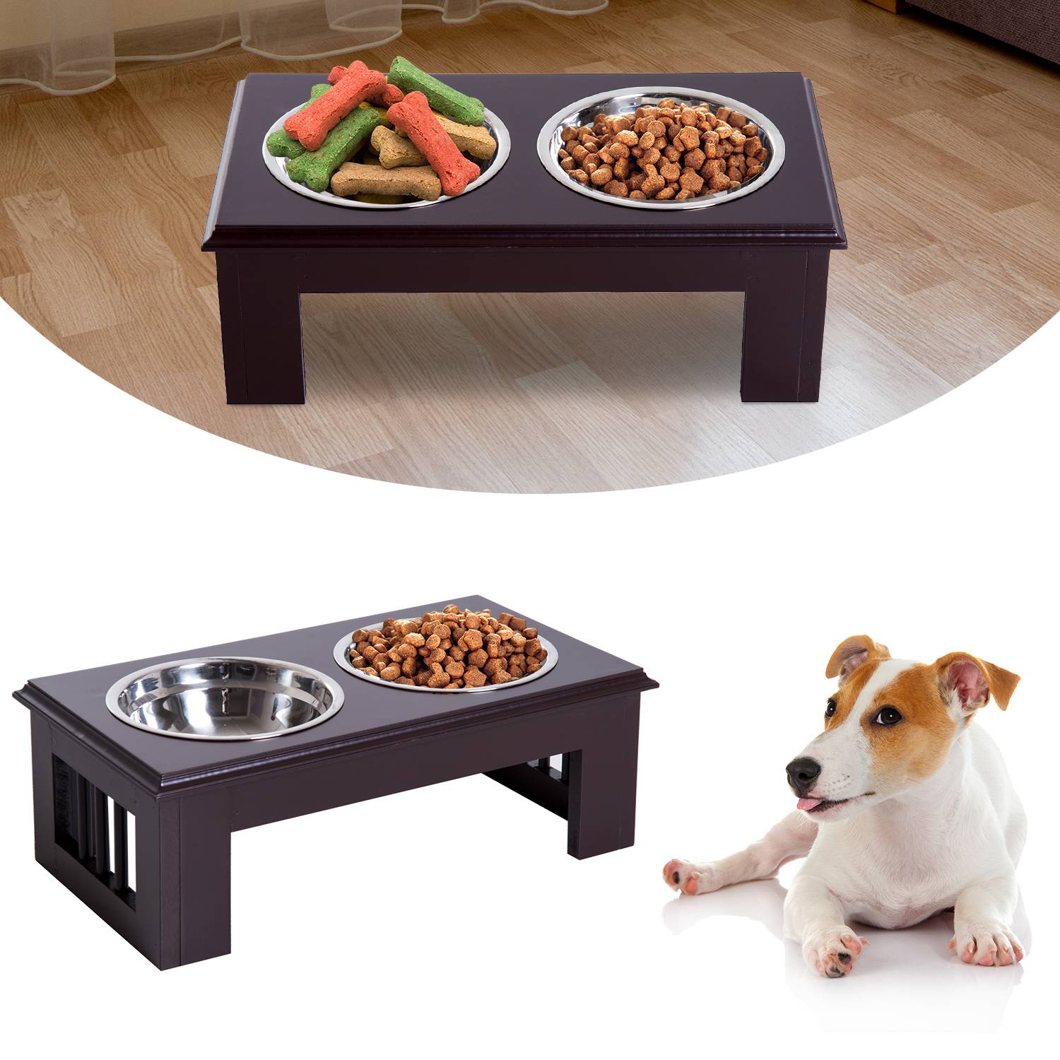 Sans Marque - Gamelle surélevée chien 2 compartiments 2x900ml inox petits chiens/chats espresso,Sans Marque - Image 3