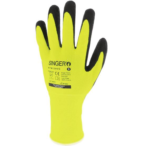 Gant Manutention Enduit Latex SINGER Jaune fluo Taille 9 Support Polyamide poignet élastique Sans Couture - Imagen 1