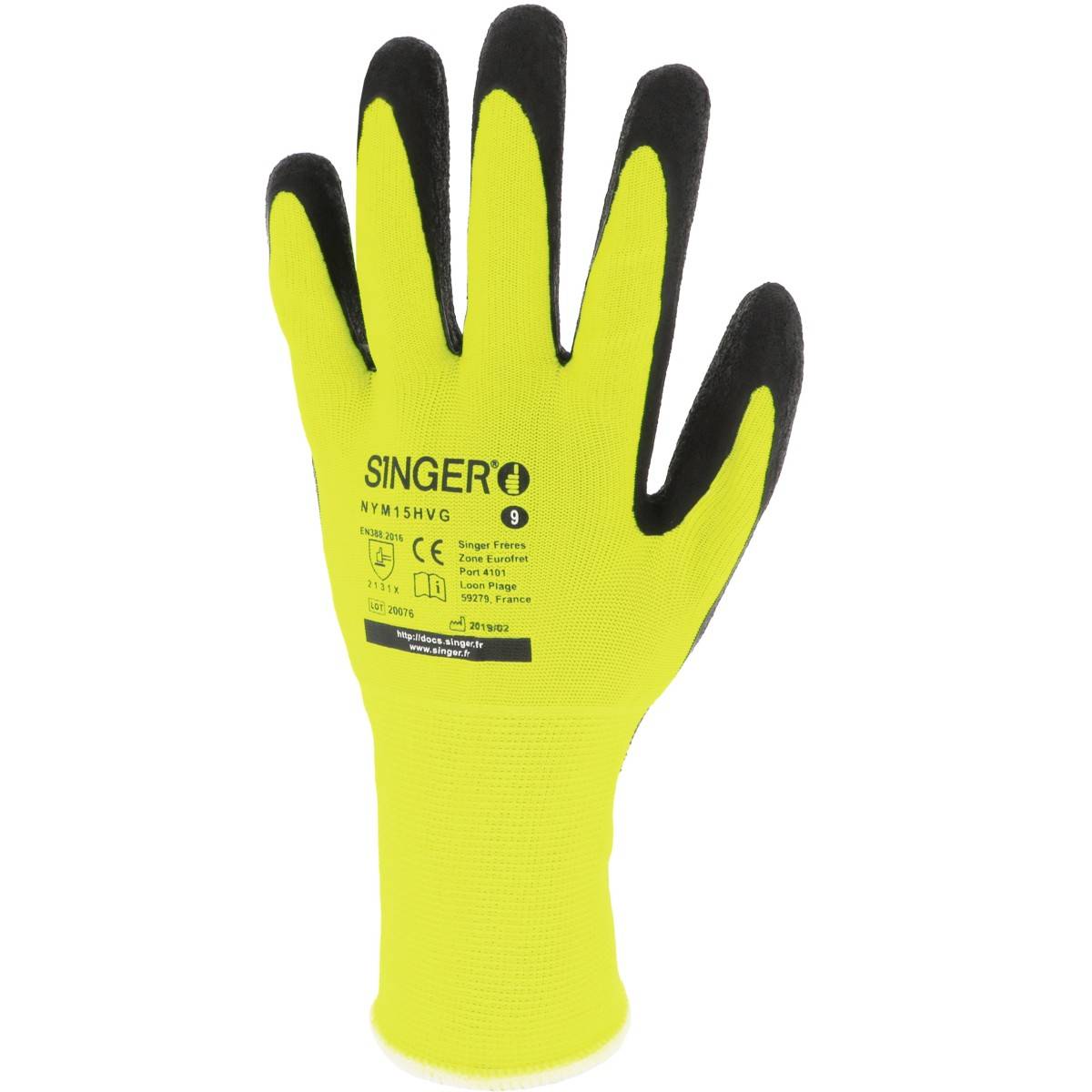 Gant Manutention Enduit Latex SINGER Jaune fluo Taille 9 Support Polyamide poignet élastique Sans Couture - Imagen 1