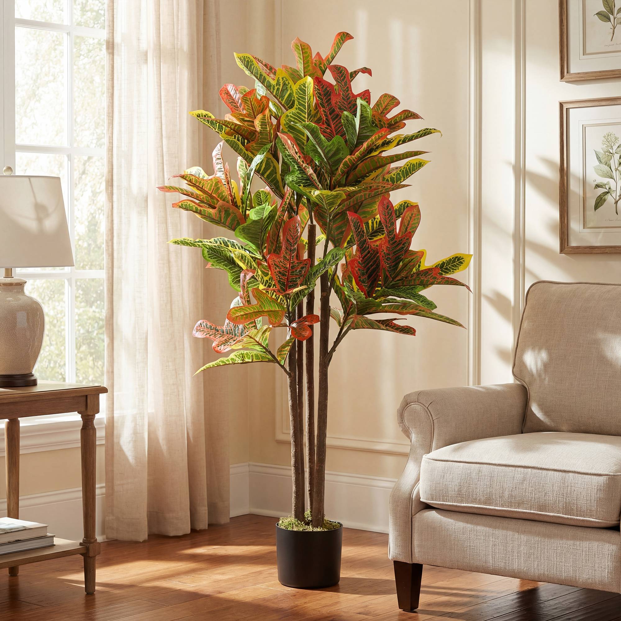 Croton artificiel 120 cm multicolore, pot + feuilles déco intérieur - Image 3