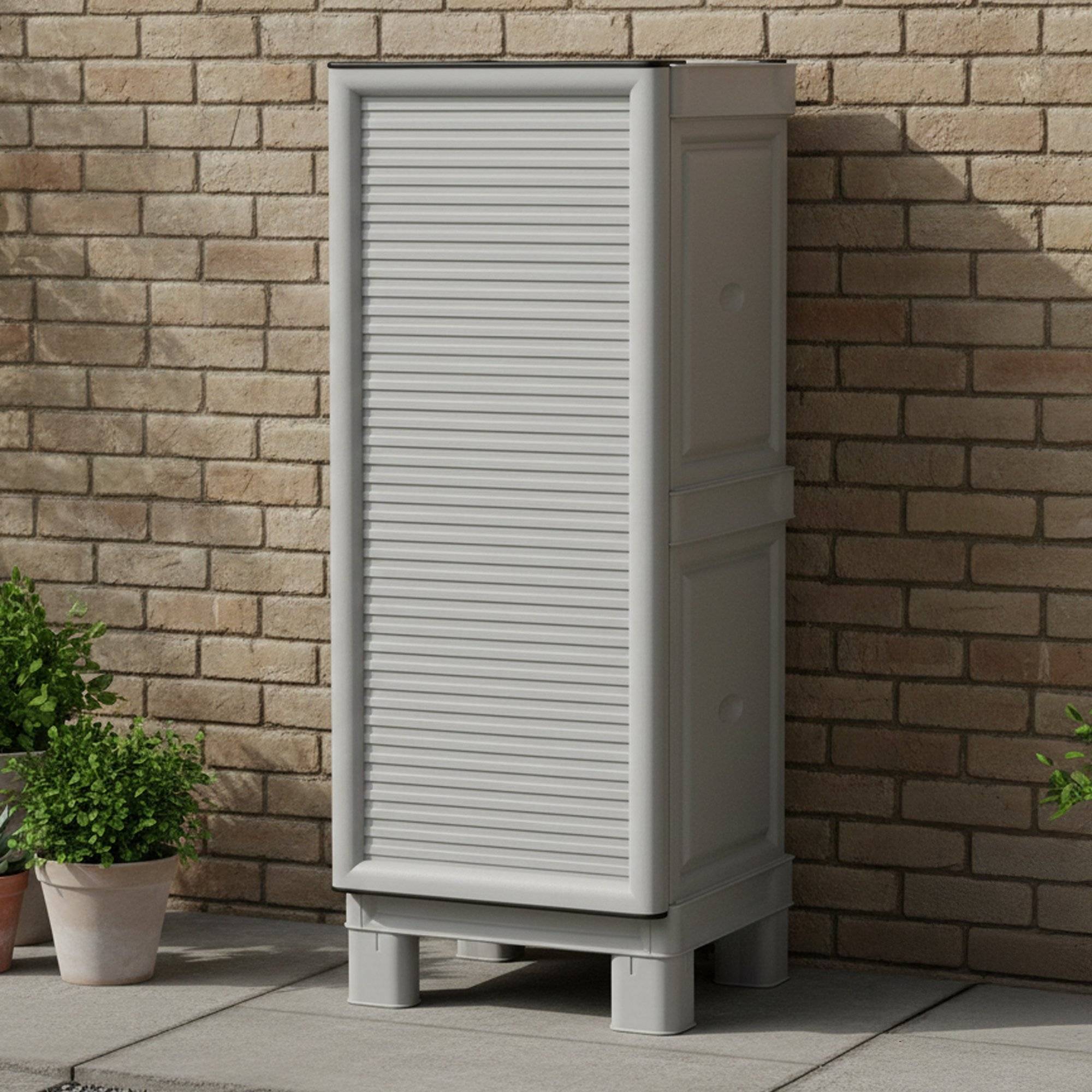 Dmora - Armoire d'extérieur Waremme, Mobilier d'extérieur, Armoire de balcon polyvalente, Armoire d'extérieur, Gris clair, 35x39h92 cm - Dmora - Imagen 2