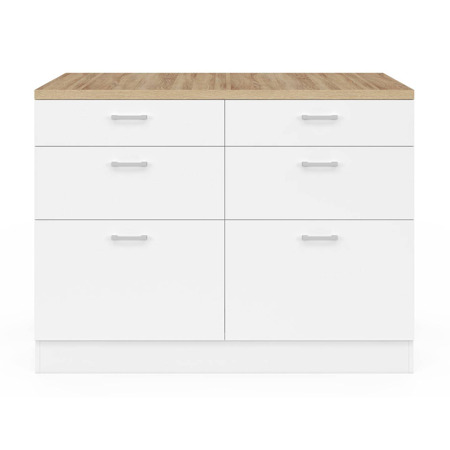 Ilot central mange-debout ORSO 120 cm casserolier 6 tiroirs blanc avec plan de travail façon hêtre - Image 3