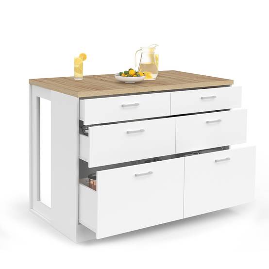 Ilot central mange-debout ORSO 120 cm casserolier 6 tiroirs blanc avec plan de travail façon hêtre - Image 2