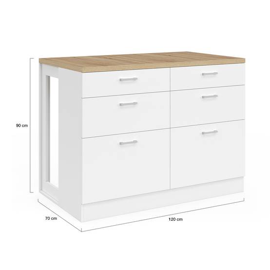 Ilot central mange-debout ORSO 120 cm casserolier 6 tiroirs blanc avec plan de travail façon hêtre - Image 5