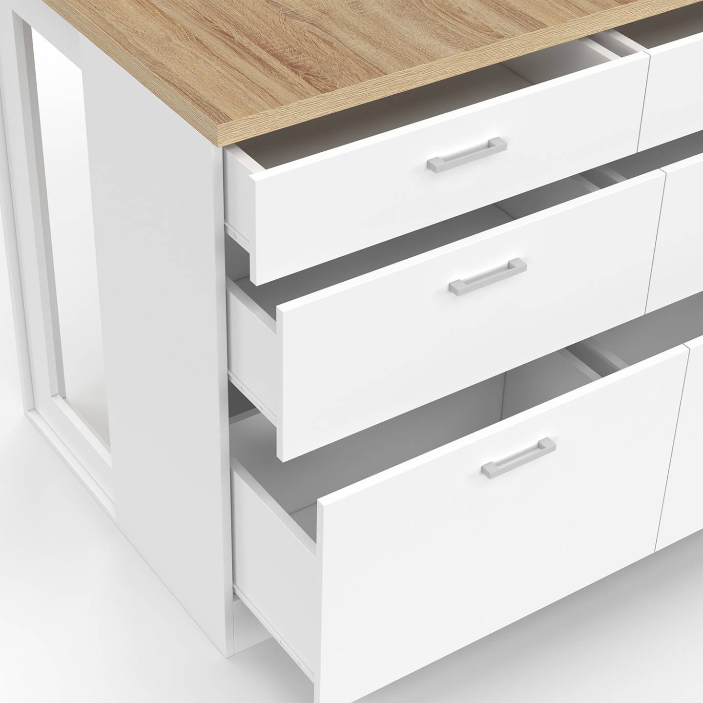 Ilot central mange-debout ORSO 120 cm casserolier 6 tiroirs blanc avec plan de travail façon hêtre - Image 6