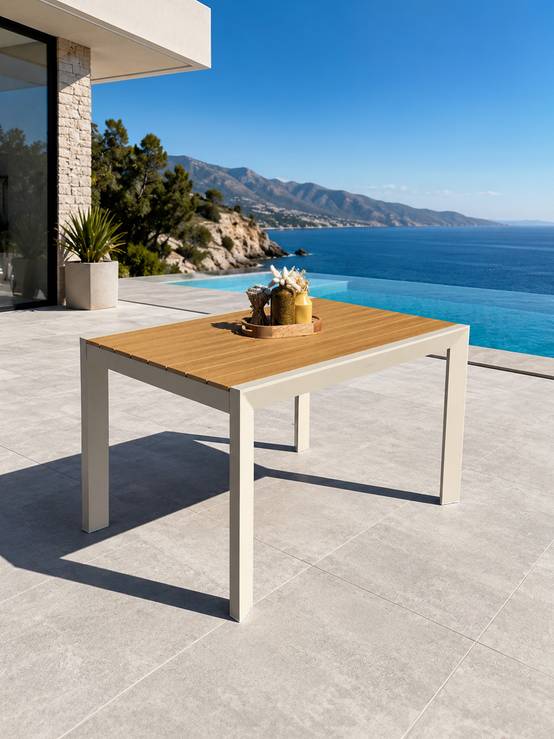 Dcb Garden - Table de jardin 4 places en alu plateau polywood aspect bois - Grège - TONGA - Image 1