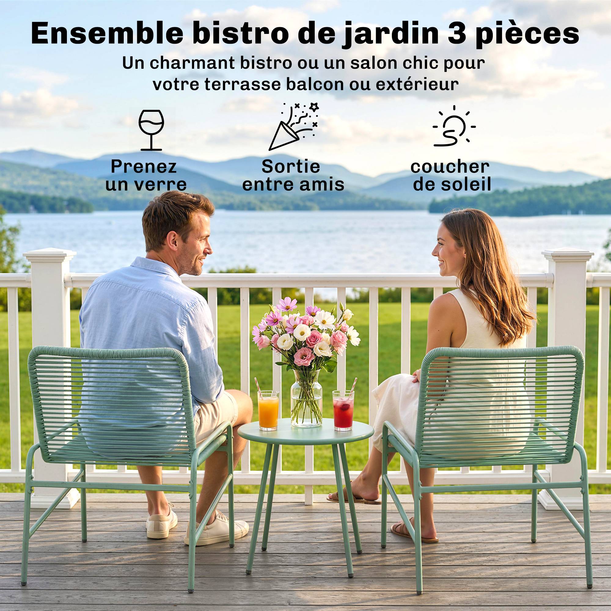 Salon de jardin 3 pièces résine tressée balcon terrasse bistrot table chaises vert - ComfortXL Outdoor Living - Image 6