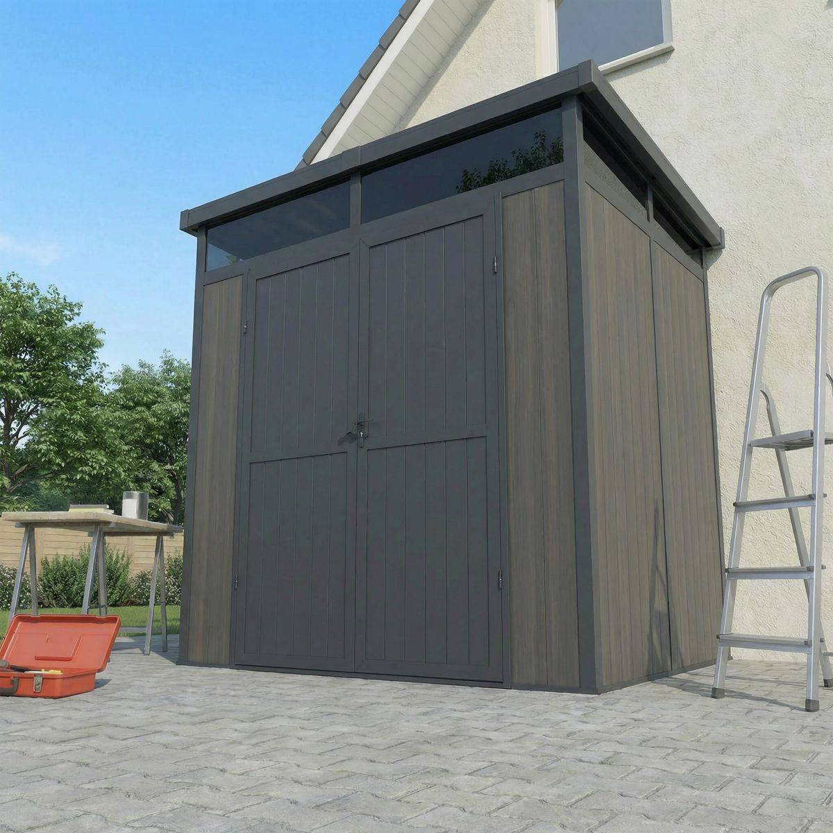 Direct Abris - Abri de Jardin Bois Composite 4m2 Gris 237x223x227cm EVORA - Cabane a Outils - Local a Vélo - Image 2