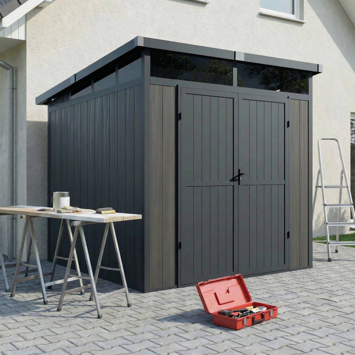 Direct Abris - Abri de Jardin Bois Composite 4m2 Gris 237x223x227cm EVORA - Cabane a Outils - Local a Vélo - Image 1