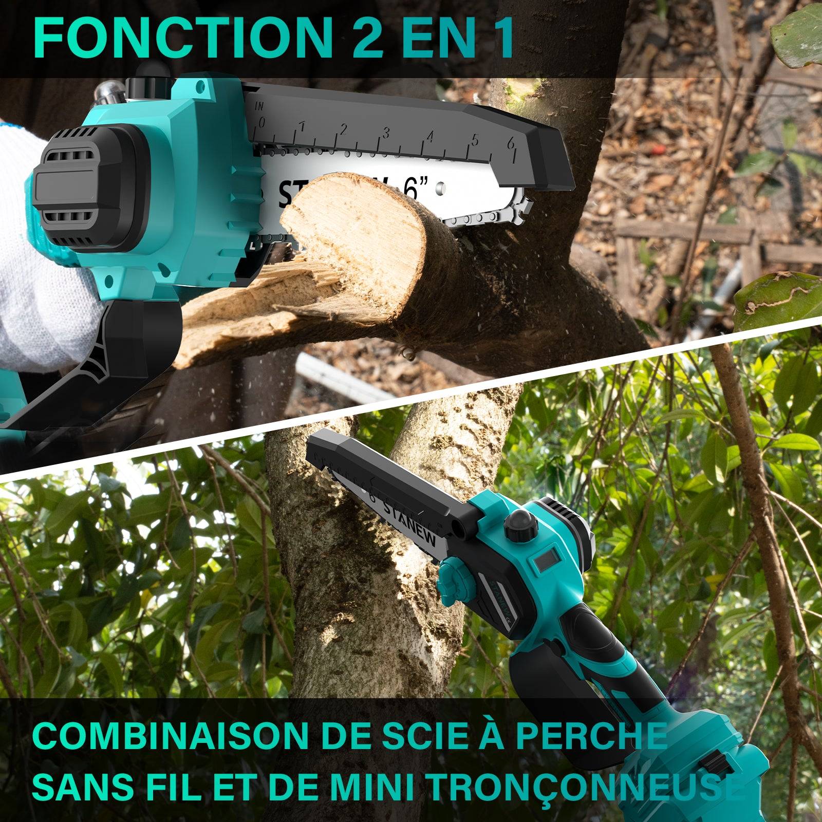 Tronçonneuse sans fil 2 en 1 rétractable moteur brushless guide 6" avec écran LCD et 2 batteries 4000 mAh - Image 2