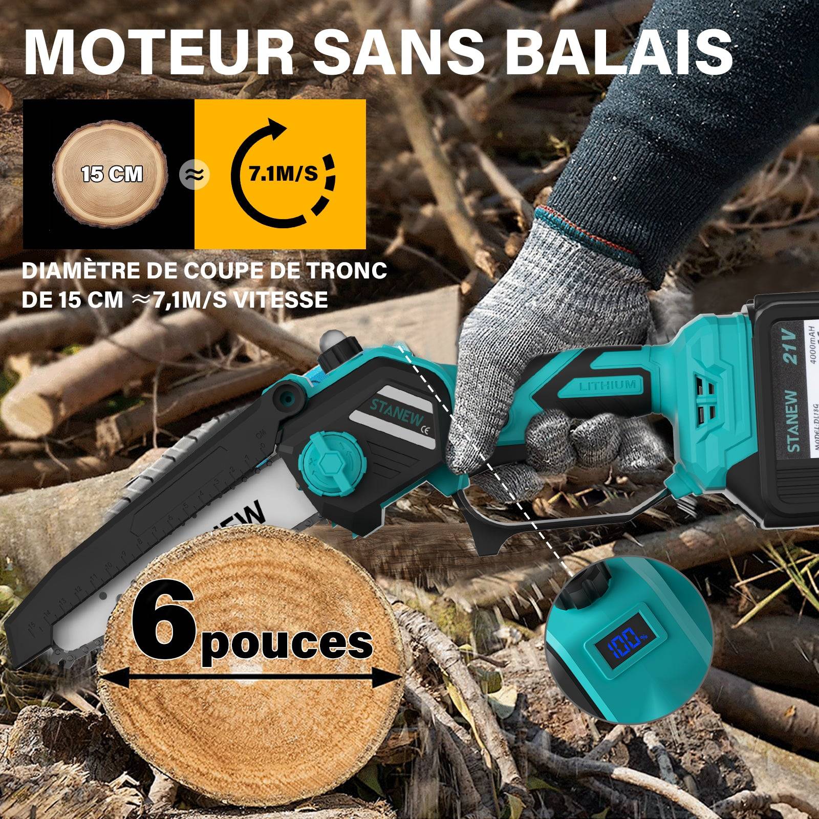 Tronçonneuse sans fil 2 en 1 rétractable moteur brushless guide 6" avec écran LCD et 2 batteries 4000 mAh - Image 5