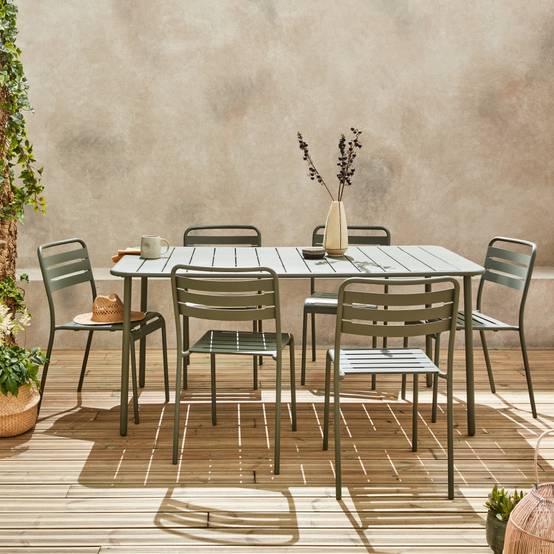 sweeek - Table de jardin métal + 6 assises kaki Amélia traitement antirouille. lattes et bords arrondis | sweeek - Image 1