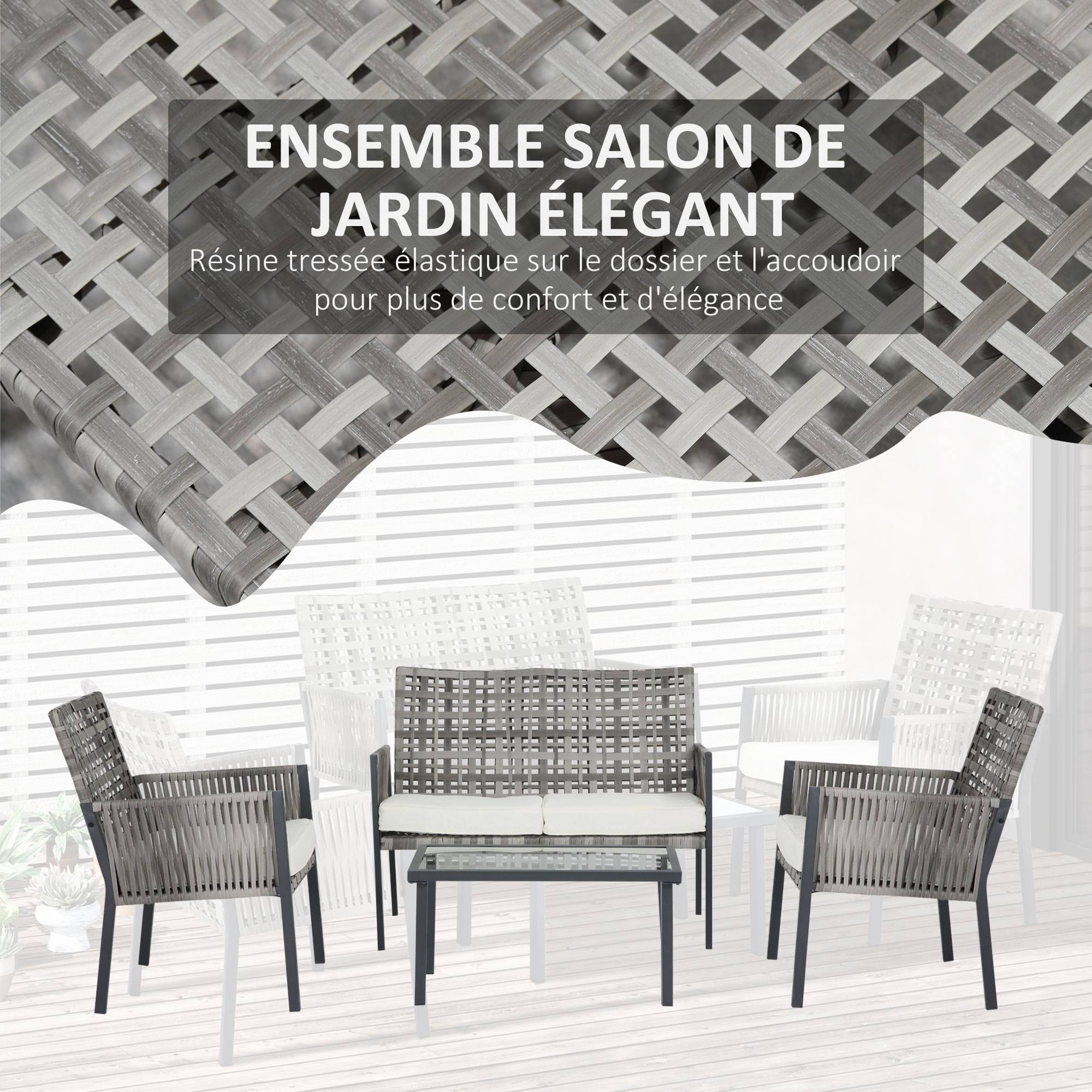 Outsunny - Ensemble salon de jardin contemporain 4 places 4 pièces coussins déperlants déhoussables crème résine tressée grise - Outsunny - Imagen 4