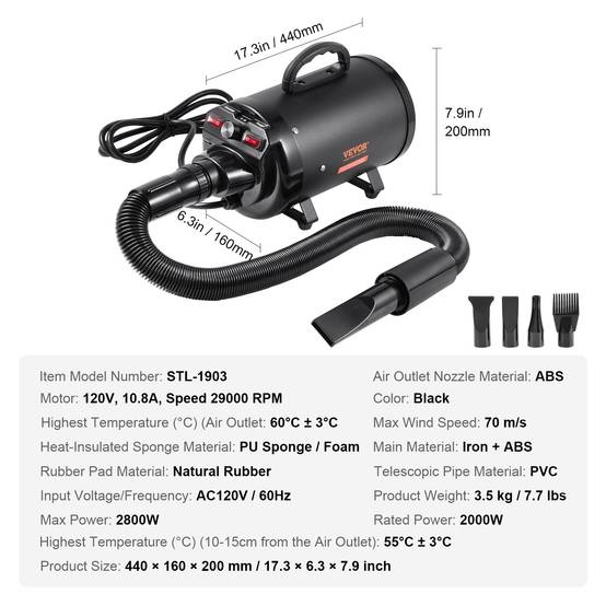 VEVOR Pulseur pour Chien 2000W, Vitesse/Température Réglables, 4 Buses, Tuyau Extensible. - Image 7